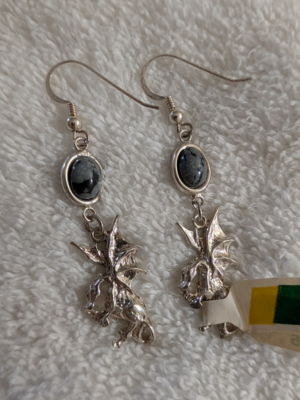 Silver Dragon Dangle Earrings with Black-Gray Stone Sterling